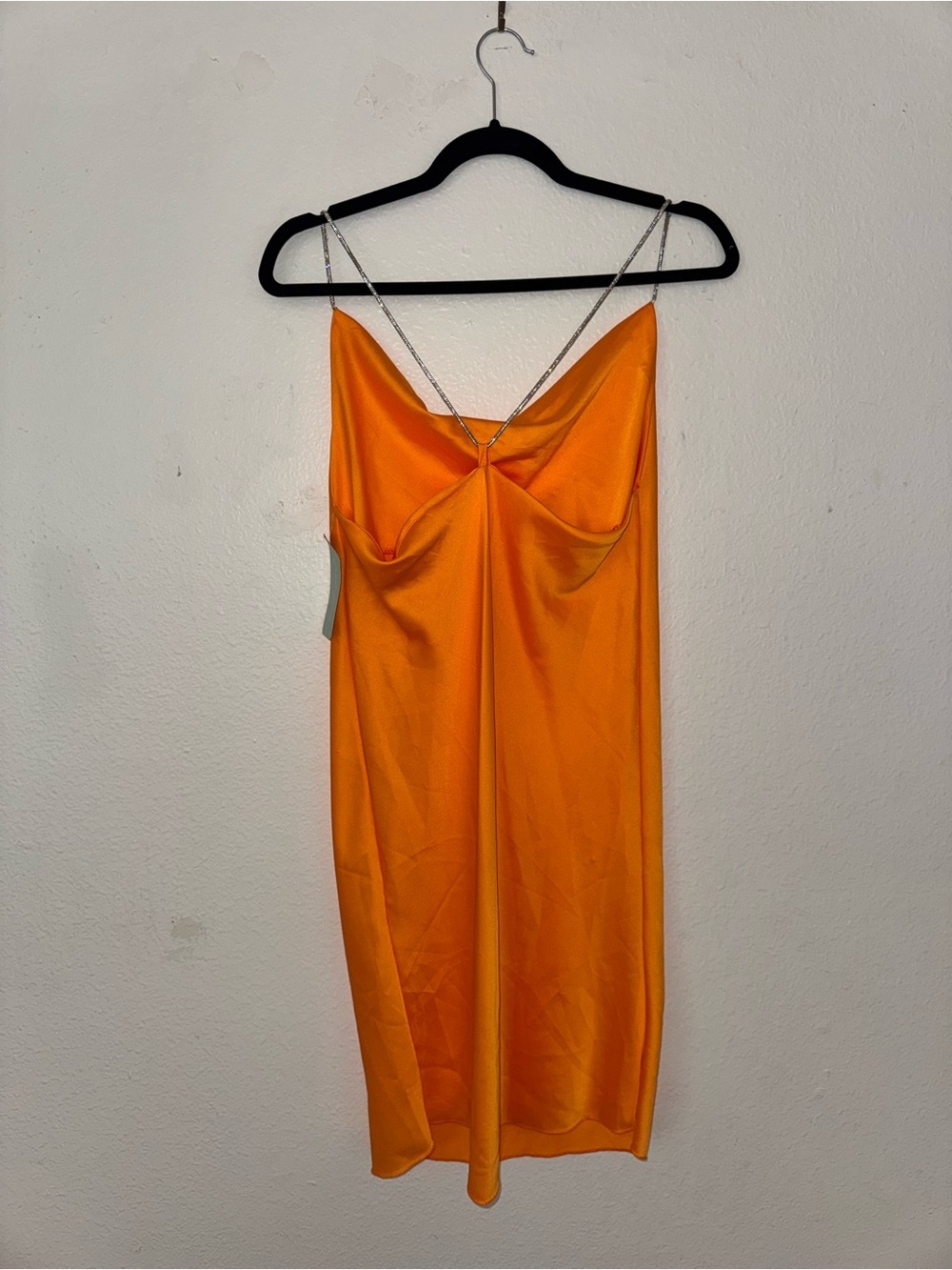 Satin Cowl Neck Slip Dress with Rhinestone Straps in Bright Orange NWT - Picture 2 of 7